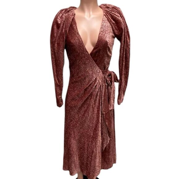 Tanya Taylor Dress WMNS 6 Puff Sleeve V-Neck Laureen Velvet Wrap Midi Festive